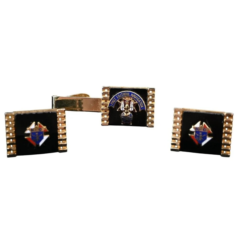 Vintage Knights of Columbus Past Faithful Navigator Cufflinks Tie Bar Set Gold